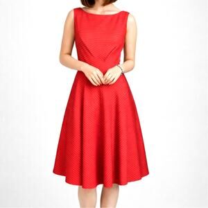 Isaac Mizrahi Cocktail Dress 10 Red Taffeta Tonal Stripe Preppy Retro Rockabilly